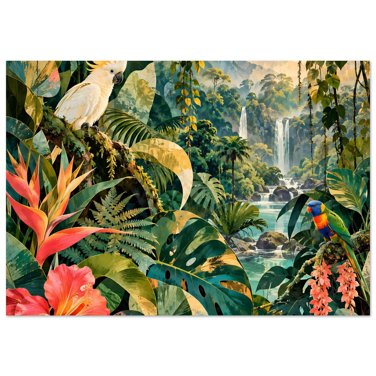 Tropisches Poster mit Papagei, Wasserfall und viel grünen Blättern, orange und rote Blumen