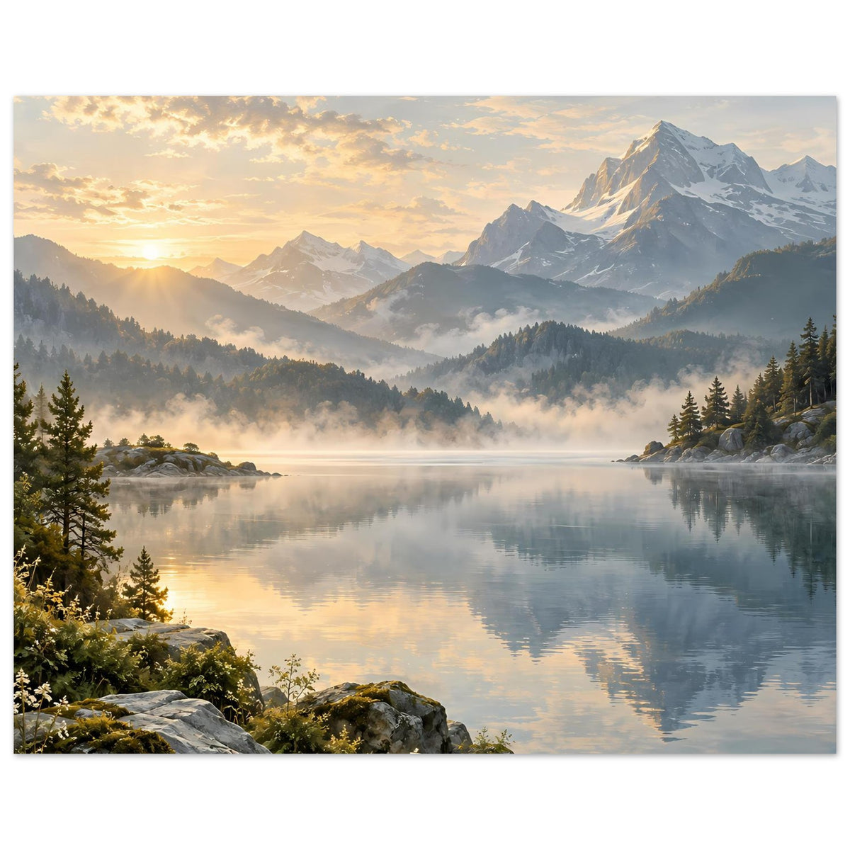 Landschaftsposter im Querformat: Bergsee bei Sonnenaufgang mit Spiegelung im Wasser.