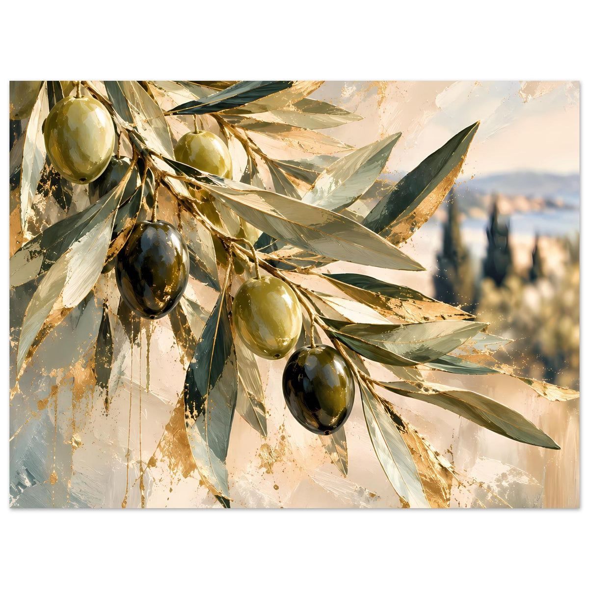 Kunstposter mit Olivenzweigen und Oliven, horizontal, Vordergrund mit grünen und goldenen Oliven