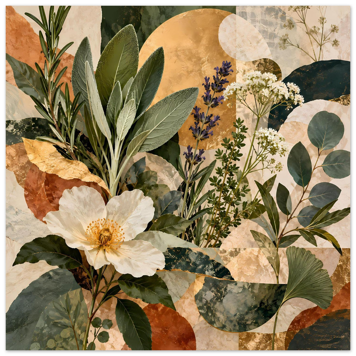 Botanisches Poster mit weißer Blüte vorn, blauen Blüten und grünen Blattmotiven, warm