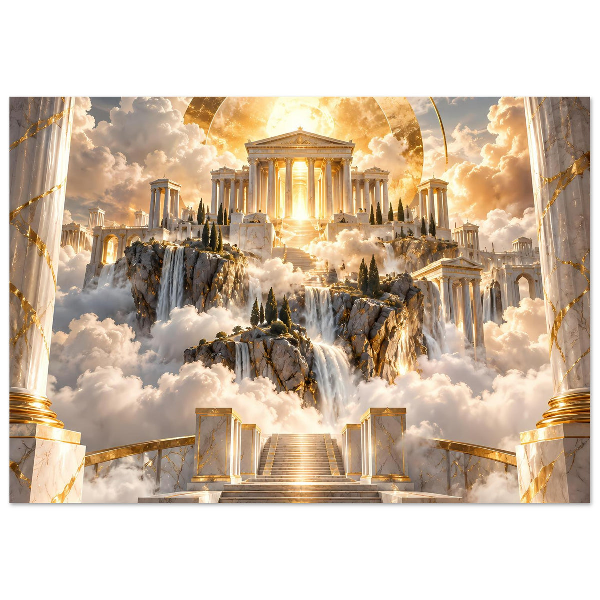 Poster mit Tempel im Lichtschein, goldenen Säulen, Treppe und Wolkenlandschaft
