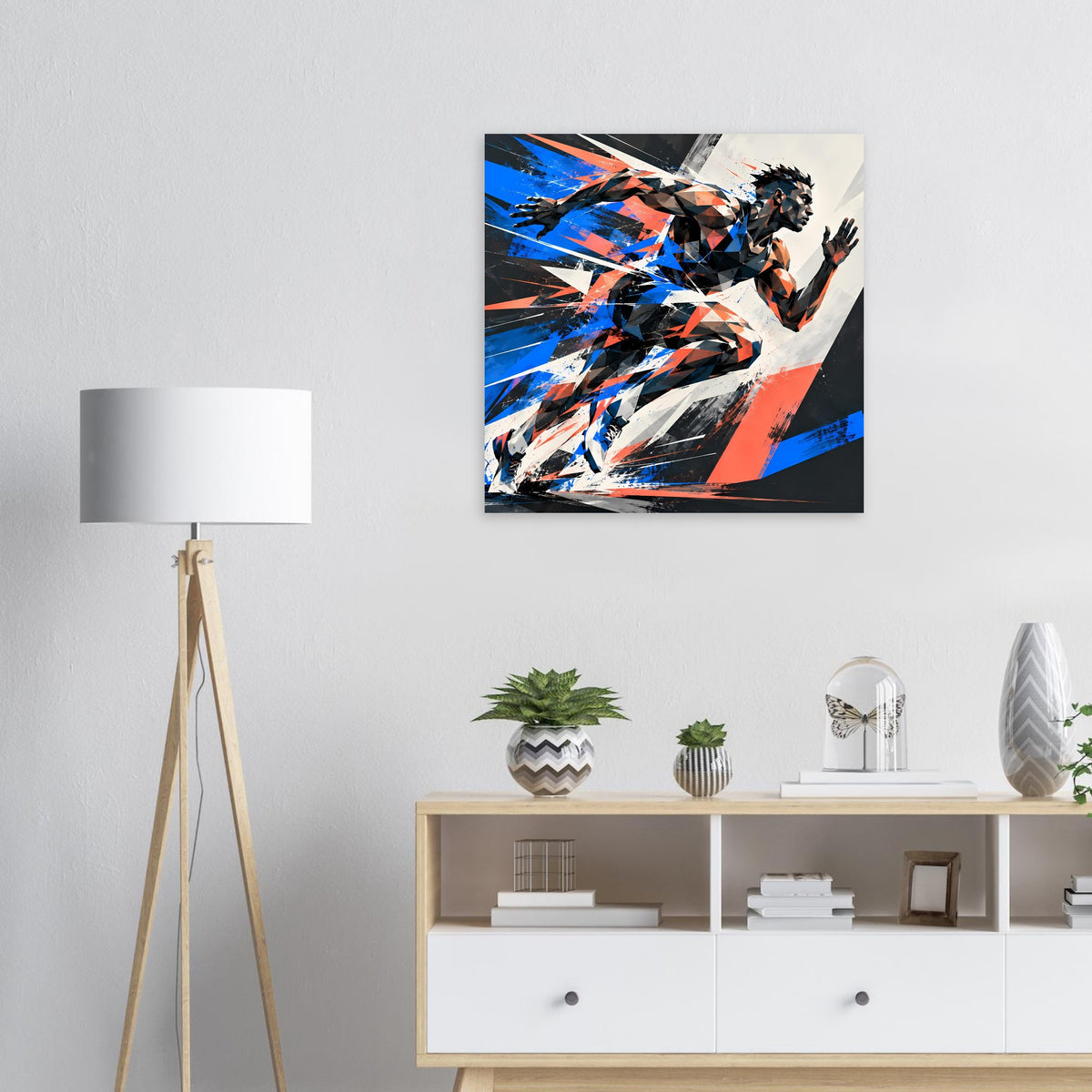 Action-Poster mit abstrakter laufender Figur, blau, orange, schwarze Flächen im Rahmen