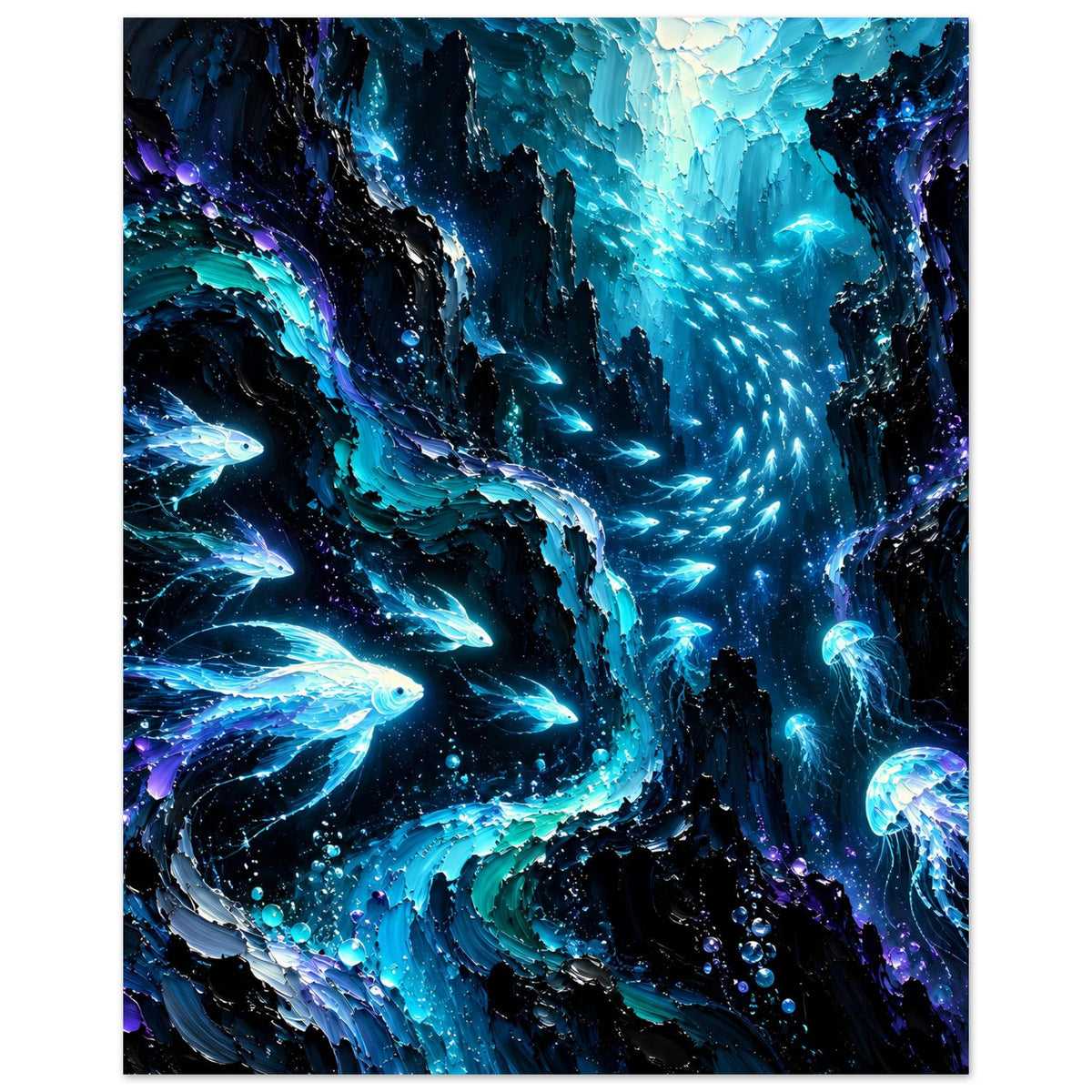 Unterwasser-Poster im Hochformat mit blauen Fischen, Quallen, Blasen und dunklen Felswänden