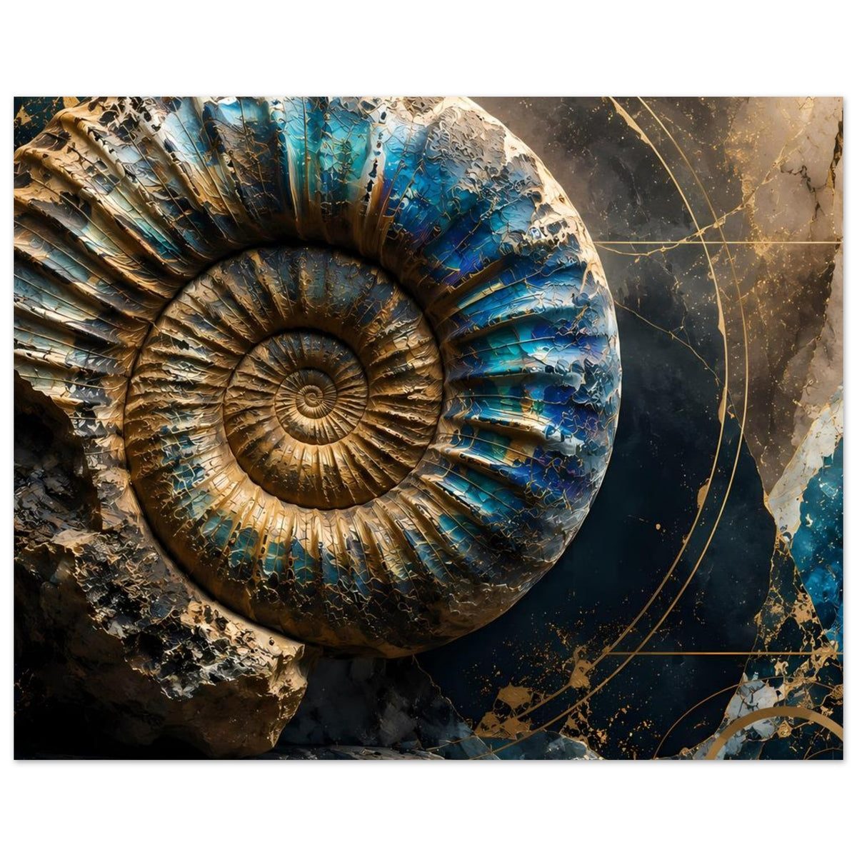 Kunstposter mit Ammonit-Fossil: petrolblaue Segmente, goldene Spiralstruktur und Linien