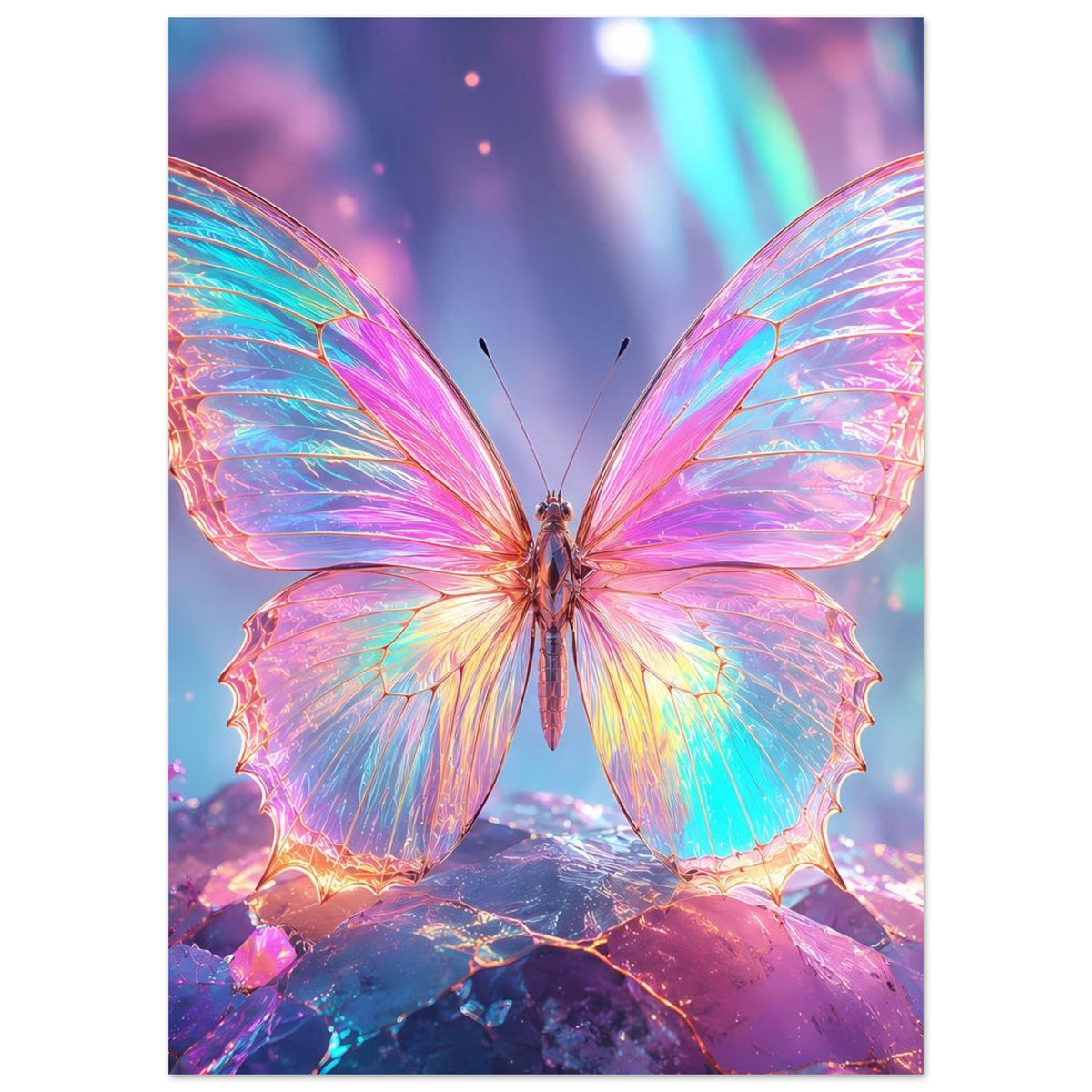 Fantasy-Poster in Hochformat: Regenbogen-Schmetterling zwischen Kristallen