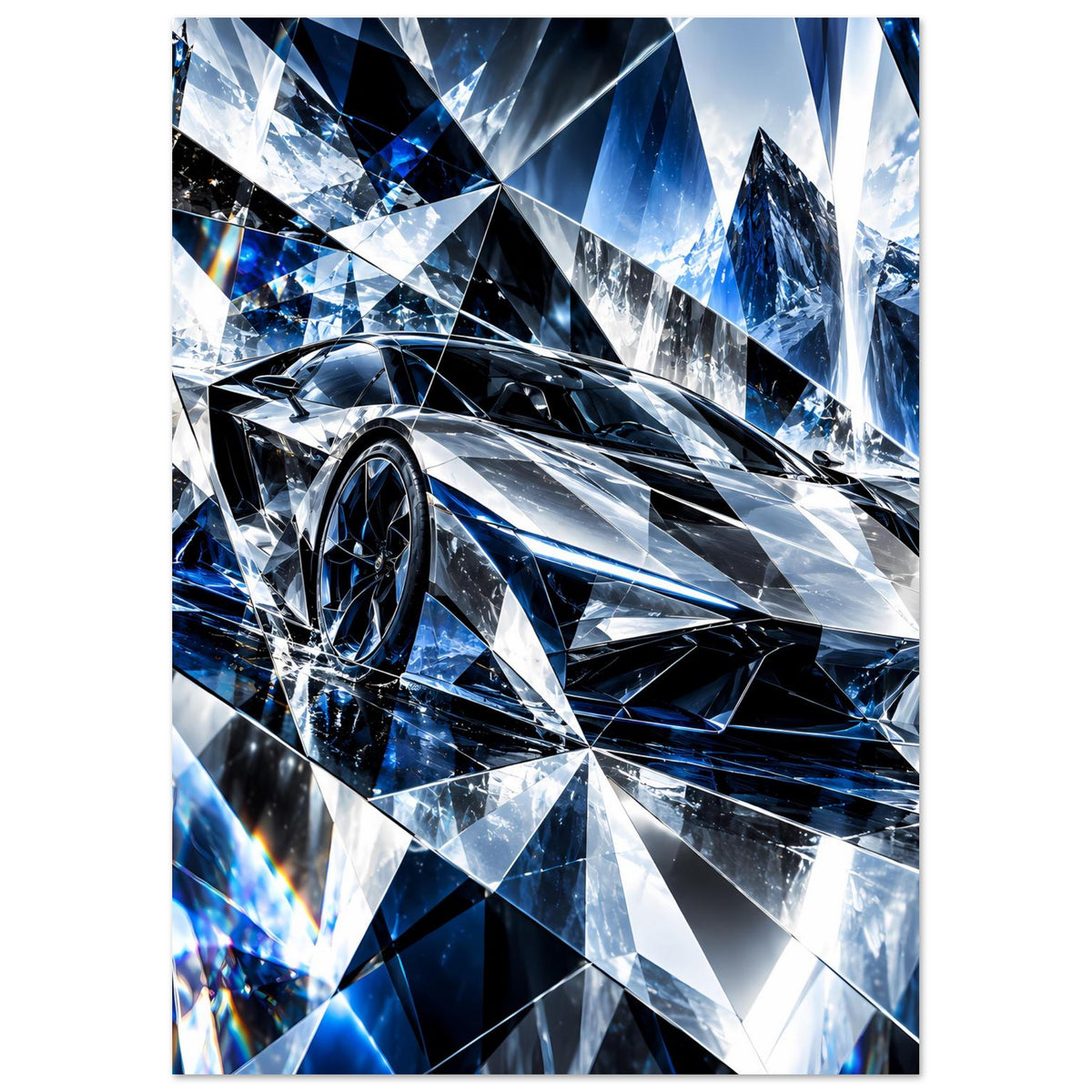 Sportwagen-Poster: seitliche Frontansicht, blau-silberne Diamantflächen und dunkle Details