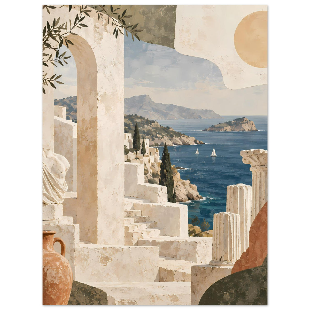 Urlaubs-Poster mit mediterranem Hafenblick, historischen Säulen und steinernen Treppenstufen
