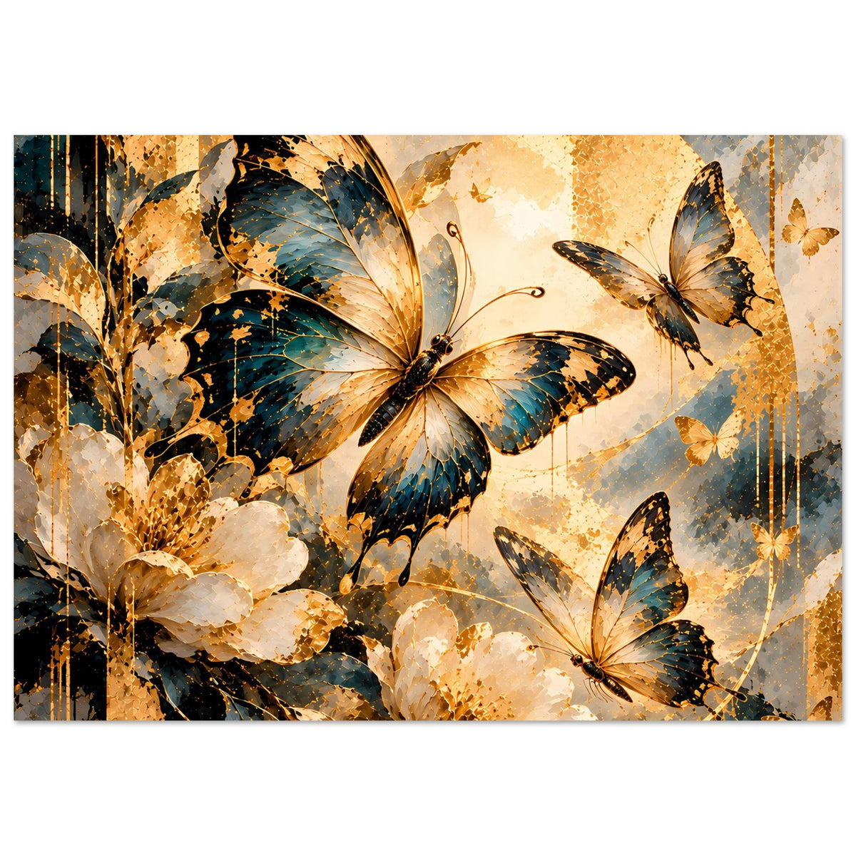 Poster im Querformat mit Schmetterlingskunst in Gold, Blau und Dunkelbraun