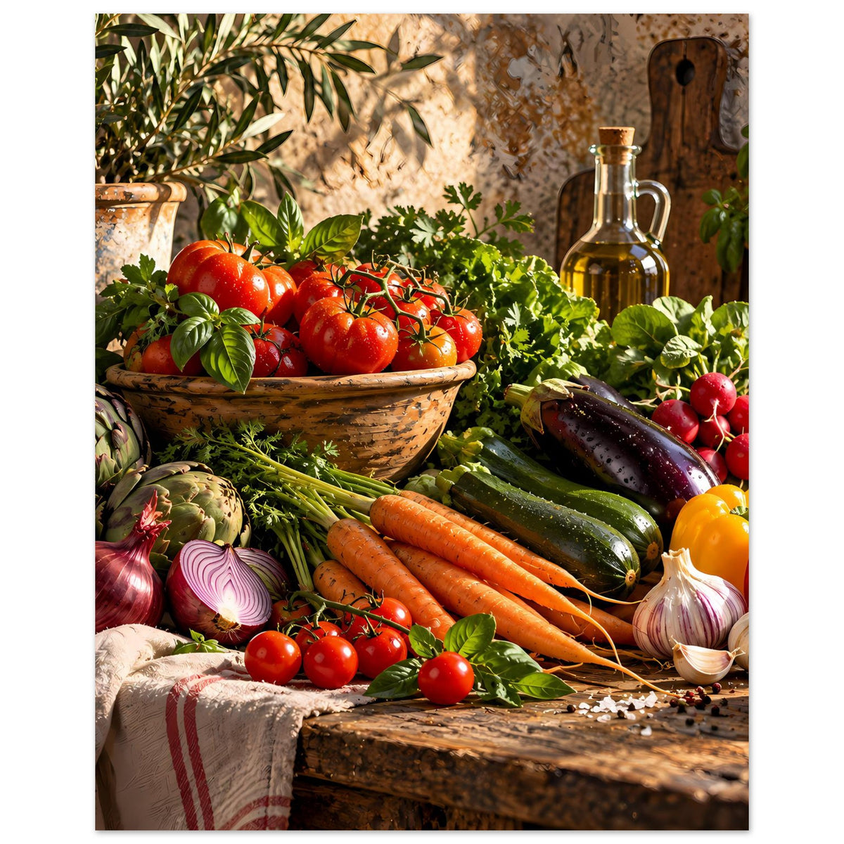 Küchenposter im Hochformat: Tomaten in Schale, daneben Ölflasche und Gemüsebeete.