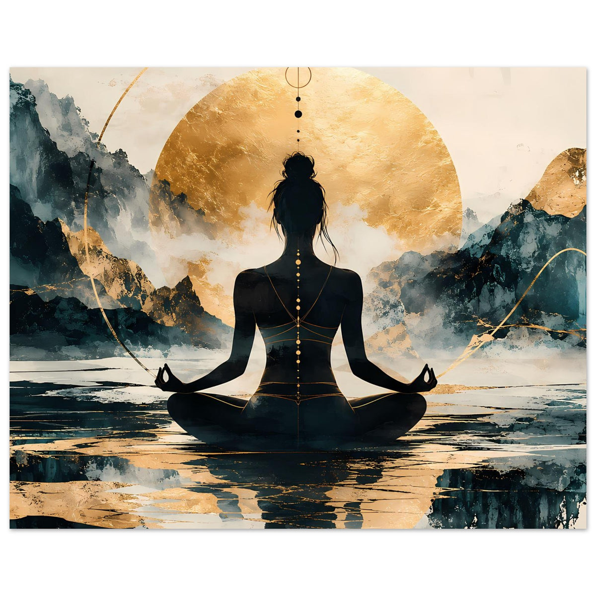 Meditatives Poster im Querformat: schwarze Figur im Schneidersitz vor goldenem Kreis