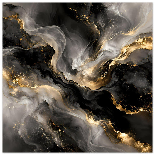 Abstraktes Kunstposter mit schwarzem Hintergrund, grauen Wolken und goldenen Adern