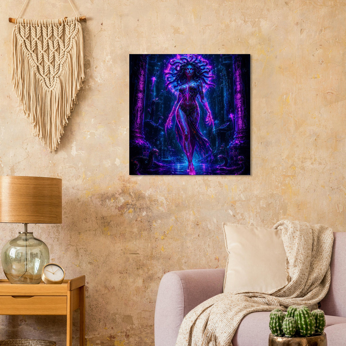 Gerahmtes Poster mit neonblau-violetter Medusa vor dunklem Tempel
