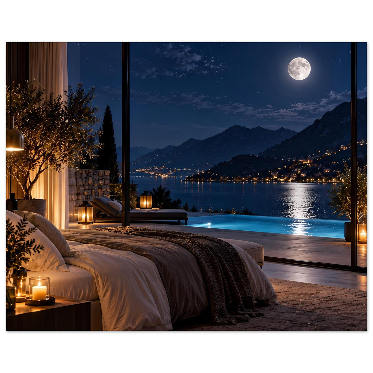 Poster zeigt Schlafzimmerbett mit Kerzen am Rand und nächtlicher Seelandschaft mit Mond