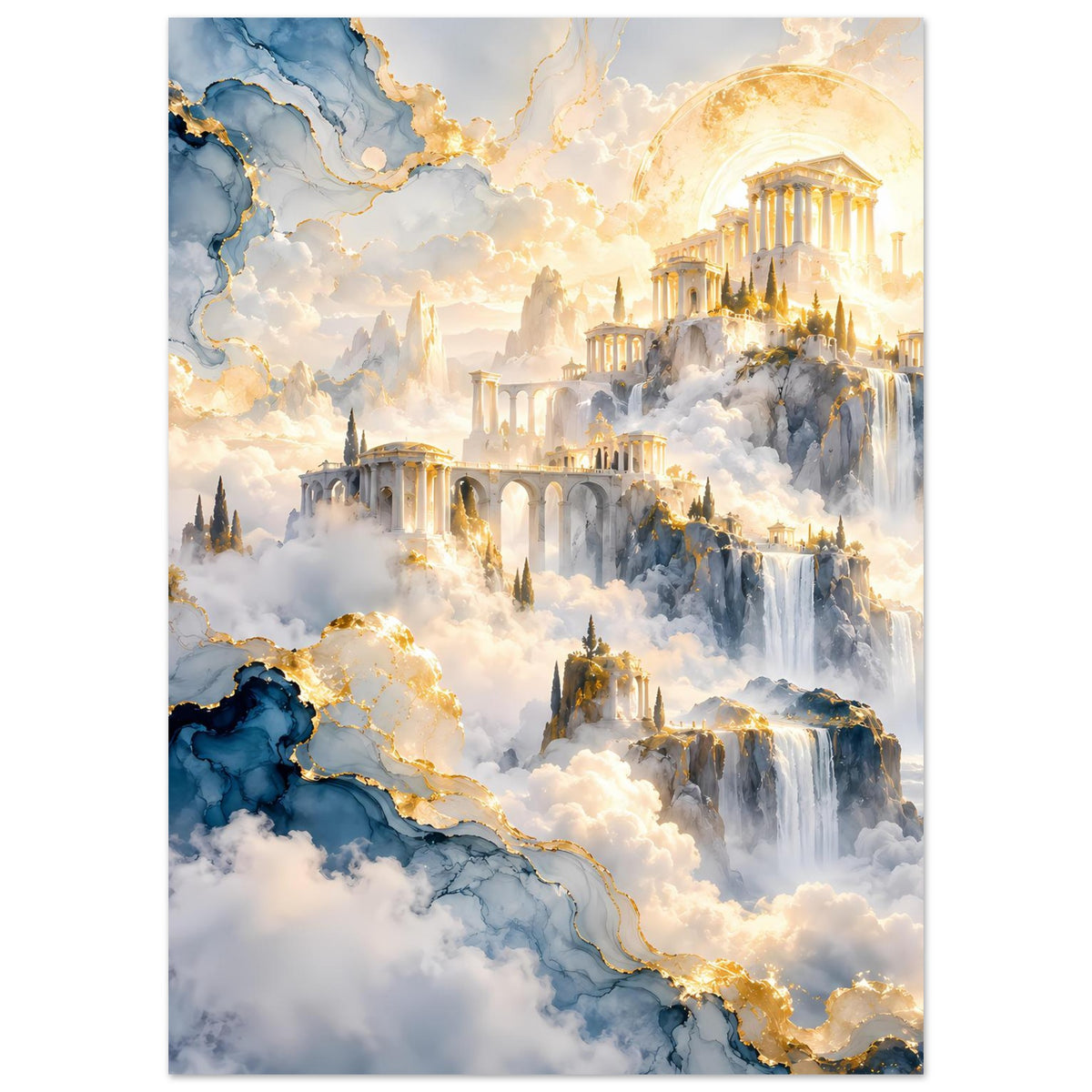 Poster im Hochformat mit goldener Lichtzone, antiken Säulen, Wasserfällen und Wolken