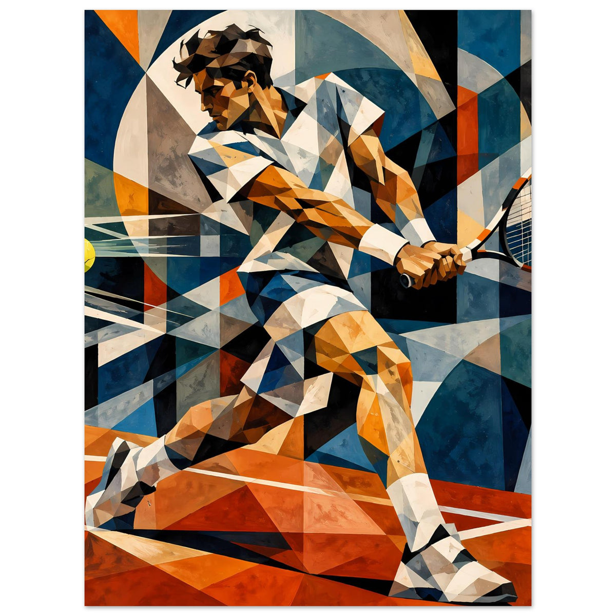 Kunst-Poster: geometrischer Tennis-Spieler mit Schläger und Ball in Blau-Orange-Grafik