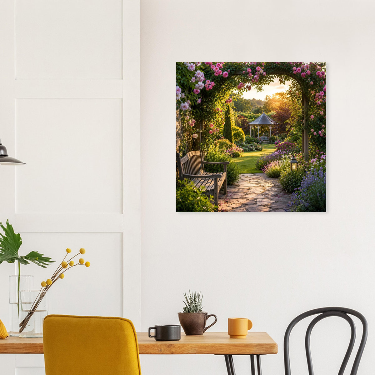 Gartenweg-Poster mit Blumenbogen, beleuchtetem Weg und Bank im Garten