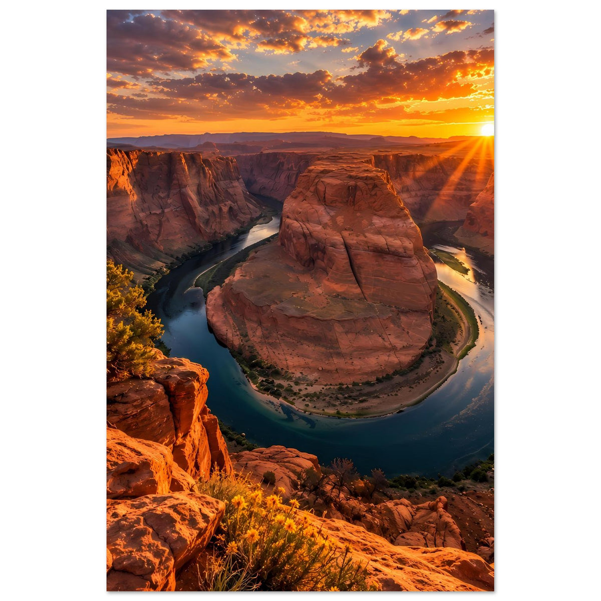 Vertikales Poster: Canyon mit Fluss und großem Felsblock im warmen Sonnenuntergang