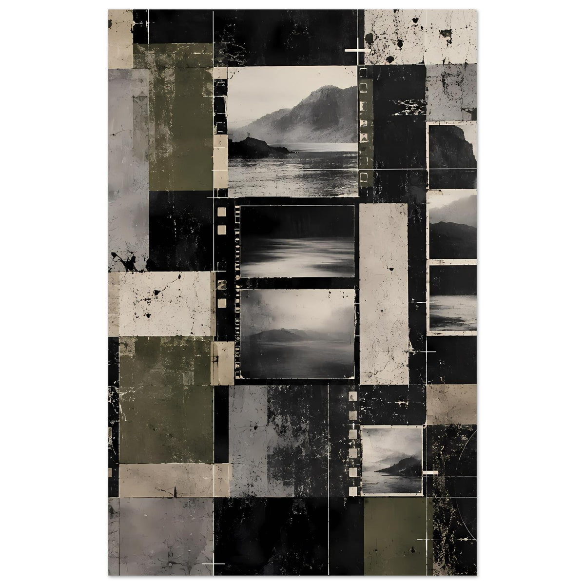 Abstract-Landschaftsposter im Hochformat mit Schwarz-Grau-Elementen und olivfarbenen Kacheln