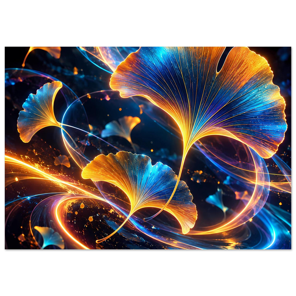 Poster mit leuchtenden Ginkgo-Blättern in Blau und Gold, abstrakte Lichtspuren, Querformat