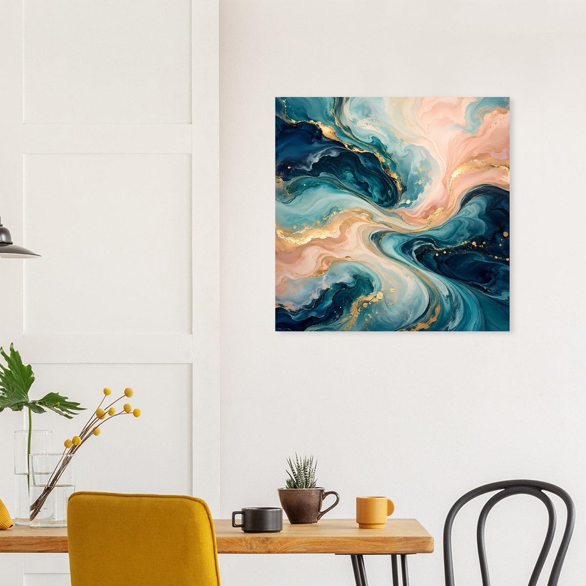 Abstraktes Kunstposter mit blau‑türkisen Farbwellen, beigem Goldschimmer und rosafarbenen Bereichen