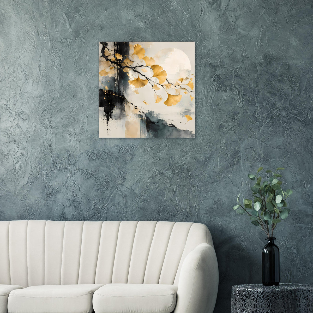 Kunst-Poster mit goldenem Gingkoblatt, abstraktem Aquarell in Blau-Grau und Schwarz