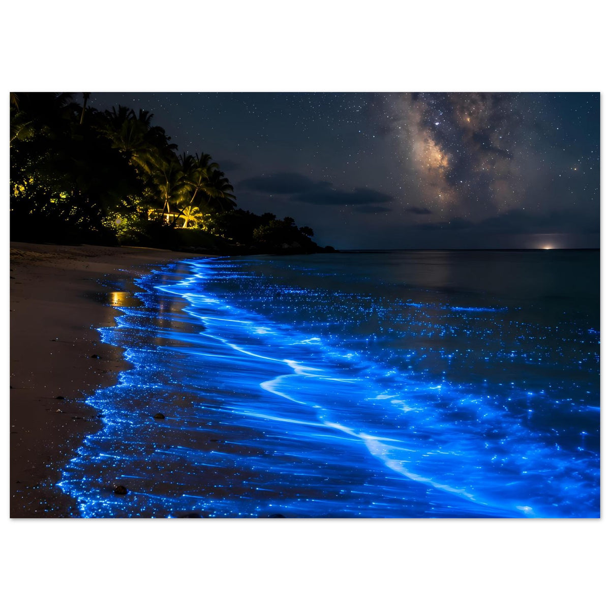 Querformat-Poster mit blau leuchtendem Meer am Strand bei Nacht, leuchtende Spuren in der Brandung