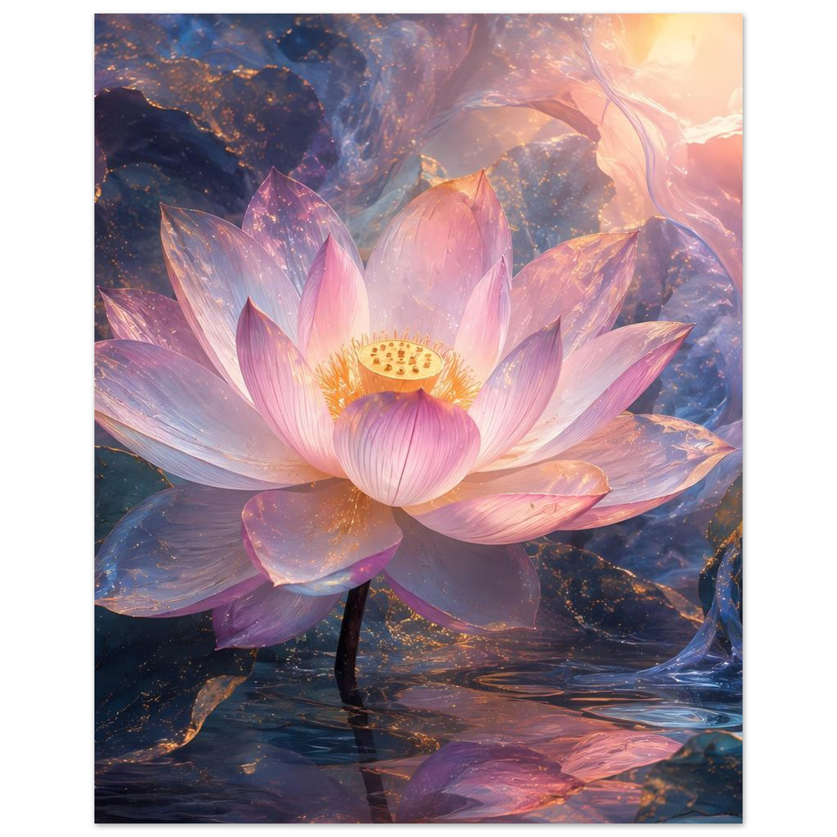 Magisches Lotusblüten-Poster mit zarter rosa Lotusblüte, goldener Mitte und warmem Licht oben