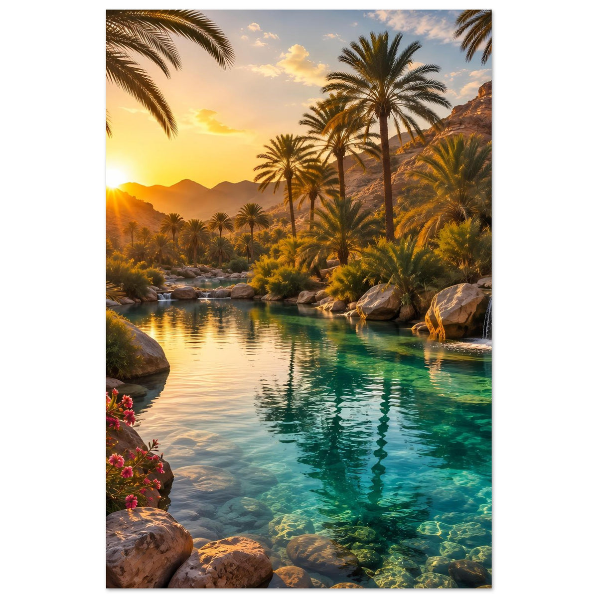 Hochformat-Poster mit türkisfarbenem Fluss, Palmen und Wasserfall im warmen Sonnenuntergang