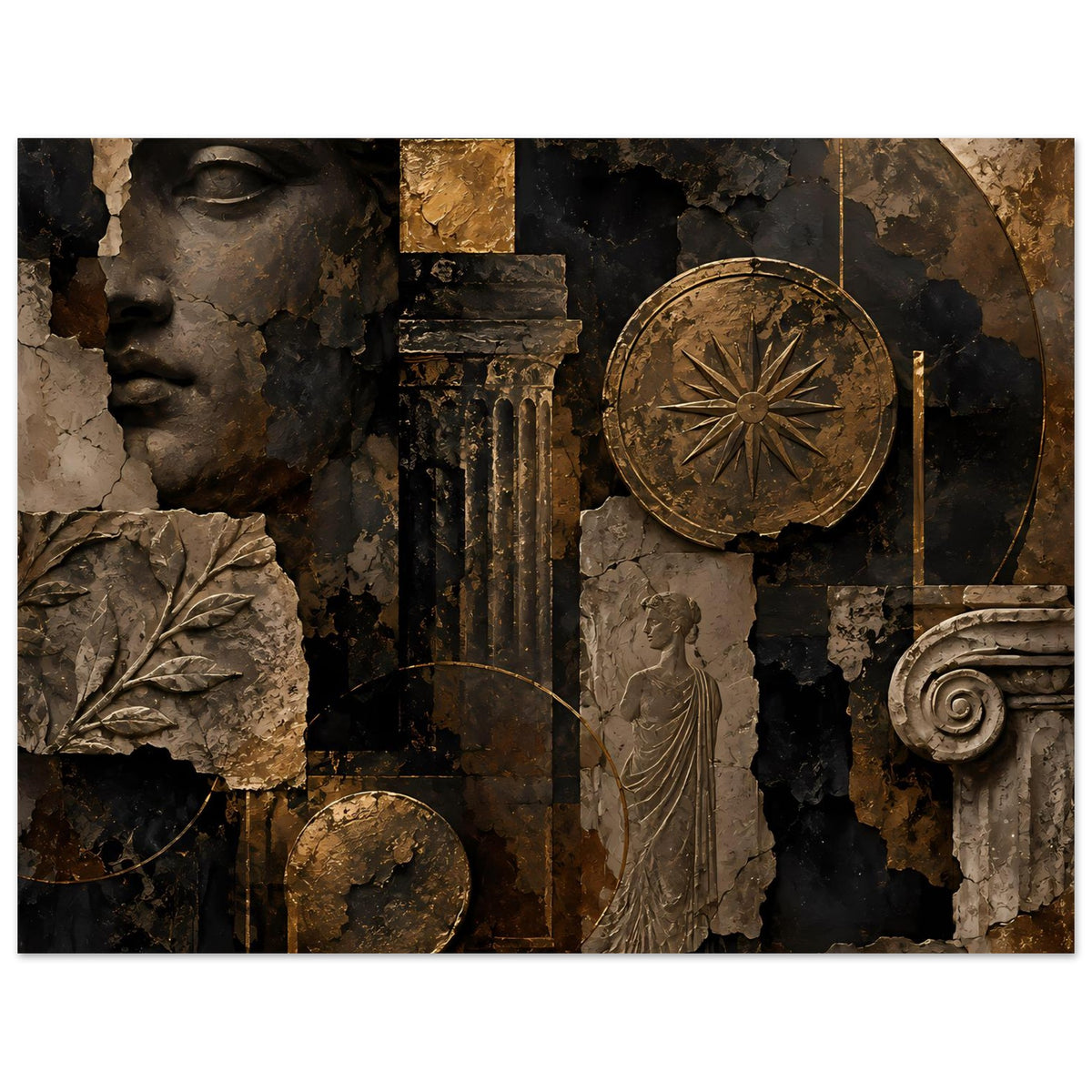 Wandposter Querformat mit antikem Relief in Bronze und Schwarz, Gesicht links und Rad rechts