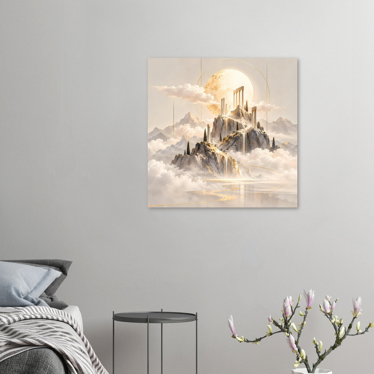 Kleines Poster mit goldenem Tempelmotiv, Berglandschaft und Sonnenkreis, Premium-Mattpapier