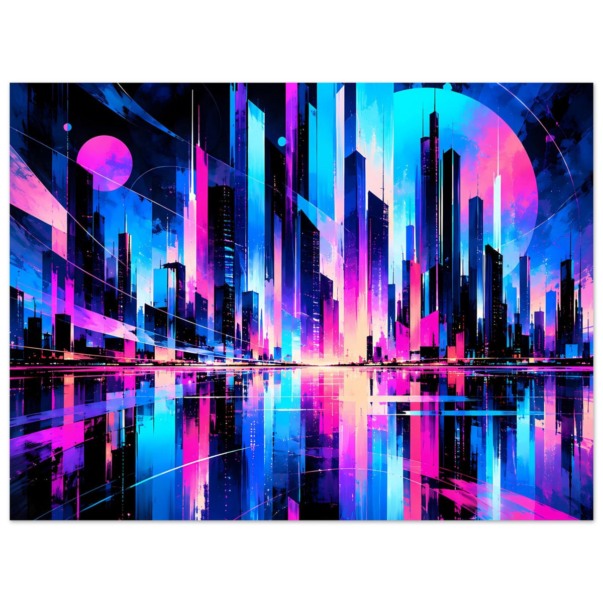 Neon-Stadtmotiv-Poster mit futuristischen Wolkenkratzern in Blau und Pink, horizontal.
