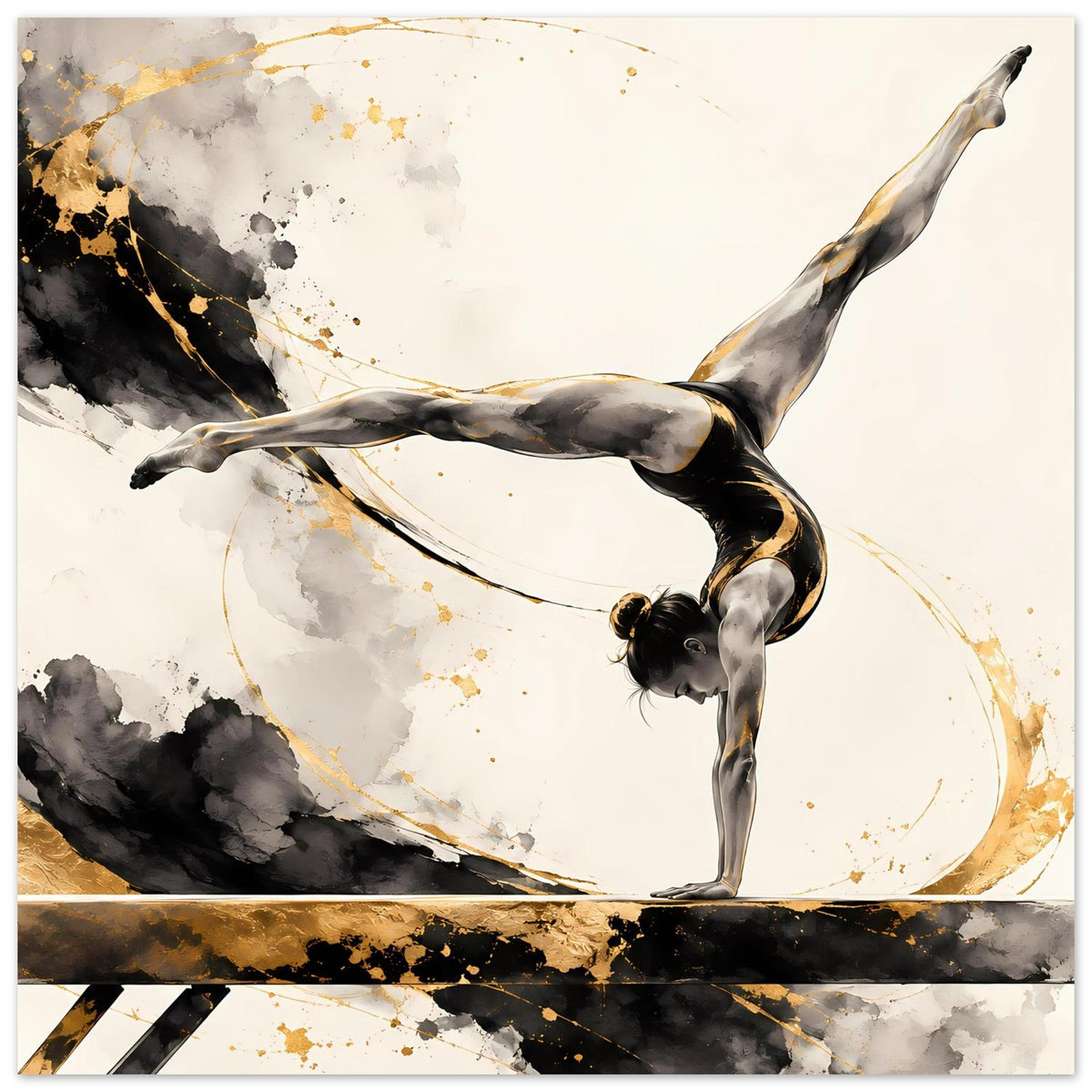 Gymnastikposter: Turnerin im Handstand, goldene Linien und schwarze Sprenkel am unteren Rand