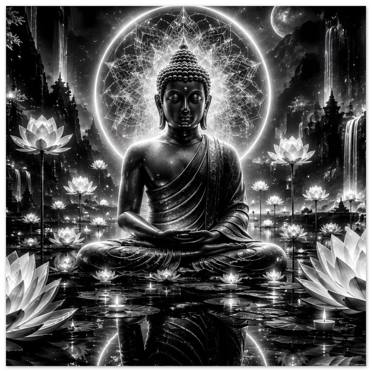 Poster mit sitzendem Buddha, großer Lotus- und Mandala-Optik, leuchtender Kreis, schwarz