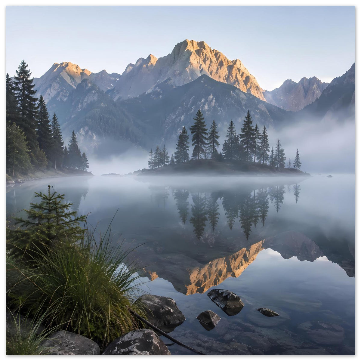 Poster im Querformat mit Bergsee, Bergspiegelung und Morgennebel über dem Wasser