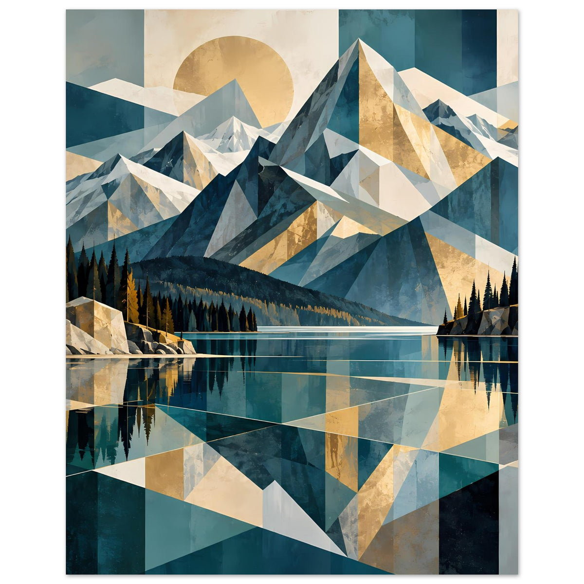 Wandposter mit geometrischen Bergen, türkisblauem Wasser und Tannenwald, im Hochformat