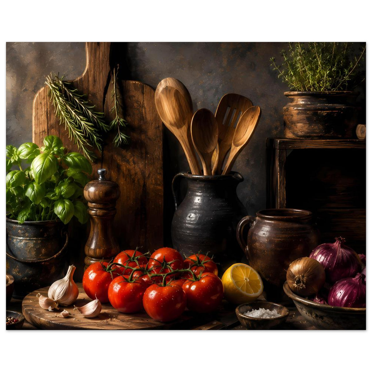 Poster mit Küchenstillleben: Tomaten, Holzutensilien, Keramikgefäße und rote Zwiebeln