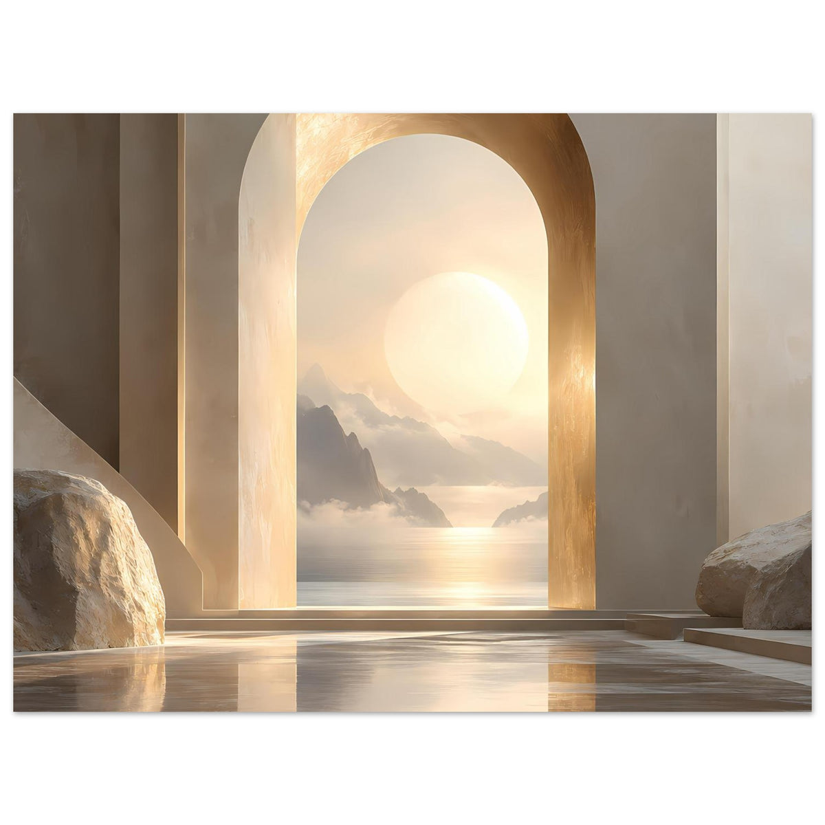 Wandposter im Querformat: goldenes Portal mit Sonnenaufgang, Berge, Meer und Reflexion
