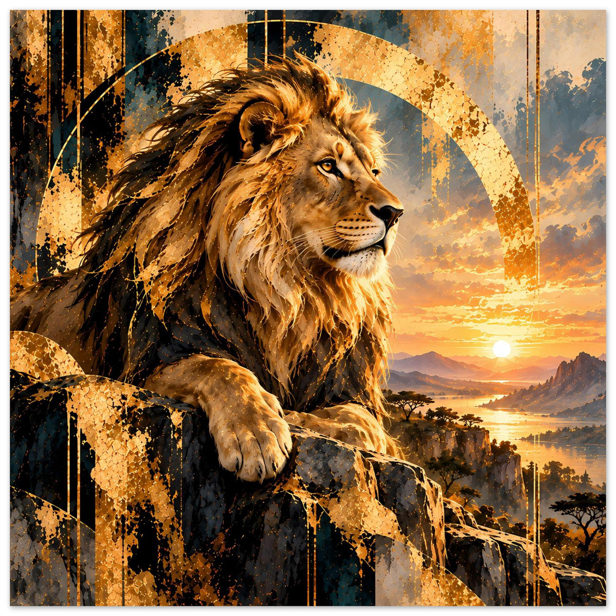 Löwenposter mit Löwe auf Felsen, goldene Mähne und Sonnenuntergang über einer weiten Landschaft