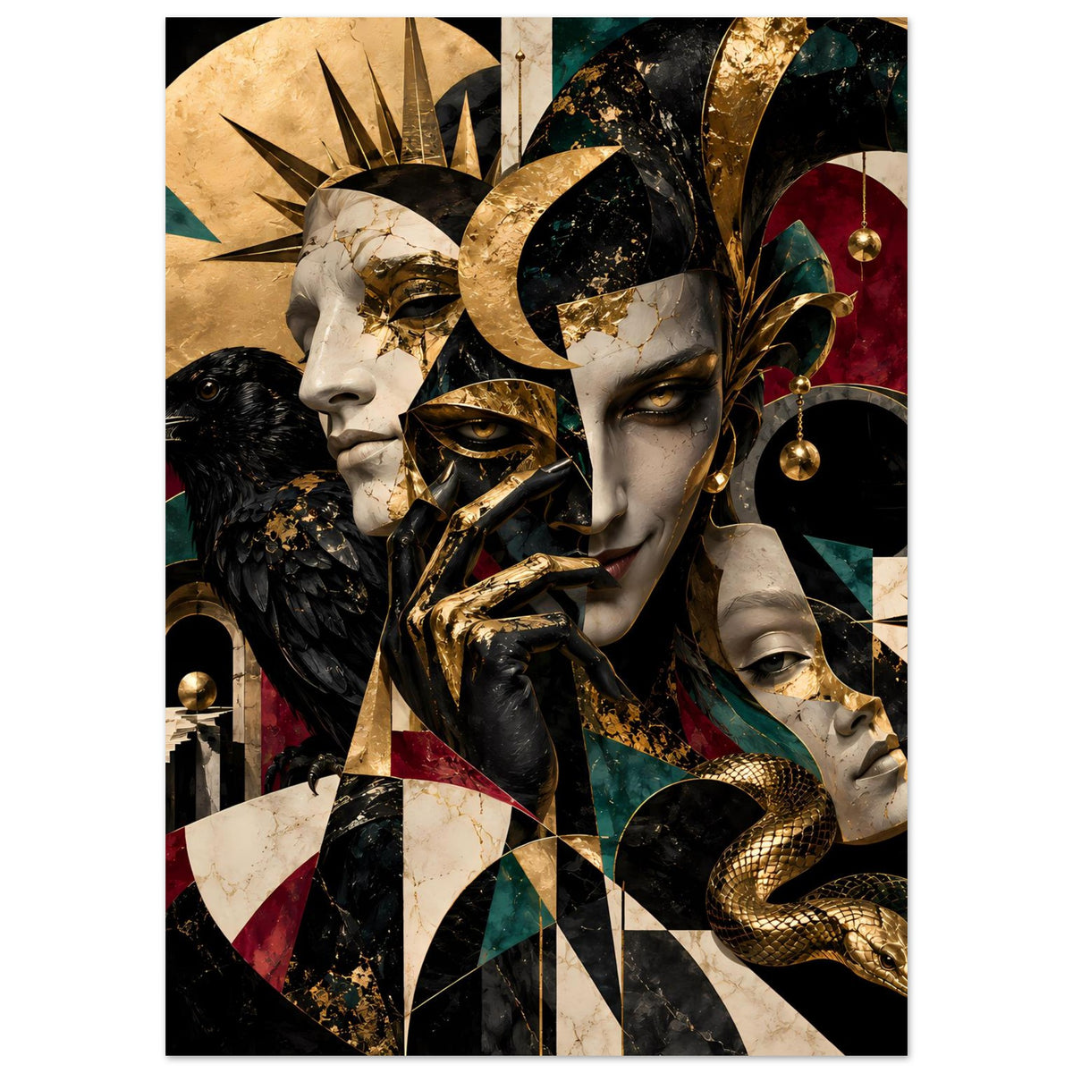 Kunstposter mit zwei Gesichtern, schwarzer Krähe, geometrischen Elementen und Goldakzenten