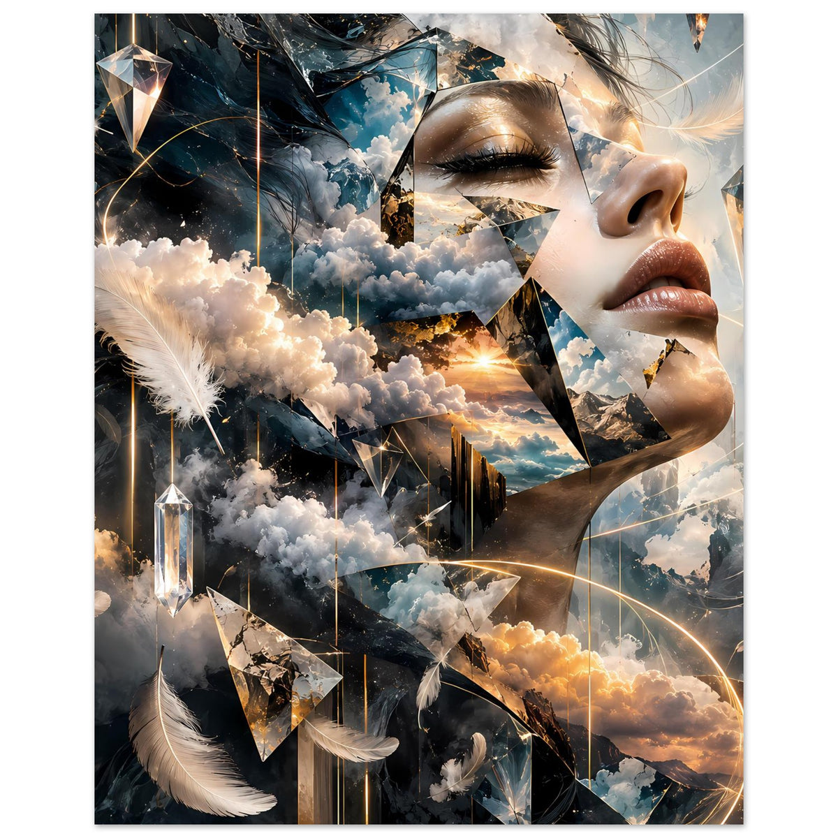 Surrealistisches Poster mit Frauenprofil, Diamantformen, Wolkenmeer und Federakzenten