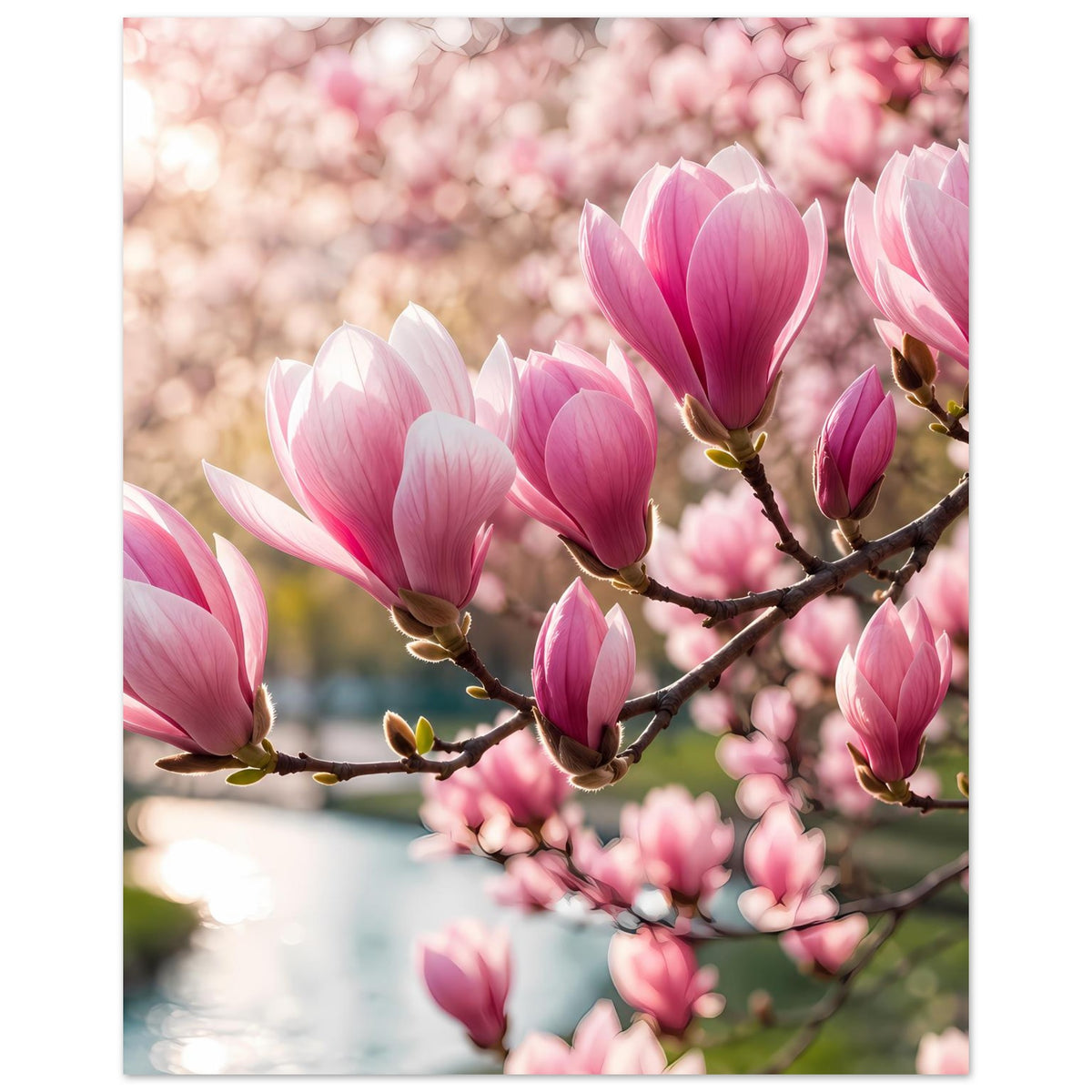 Blumenposter: rosa Magnolienblüten und weiße Blüten auf verzweigtem Ast