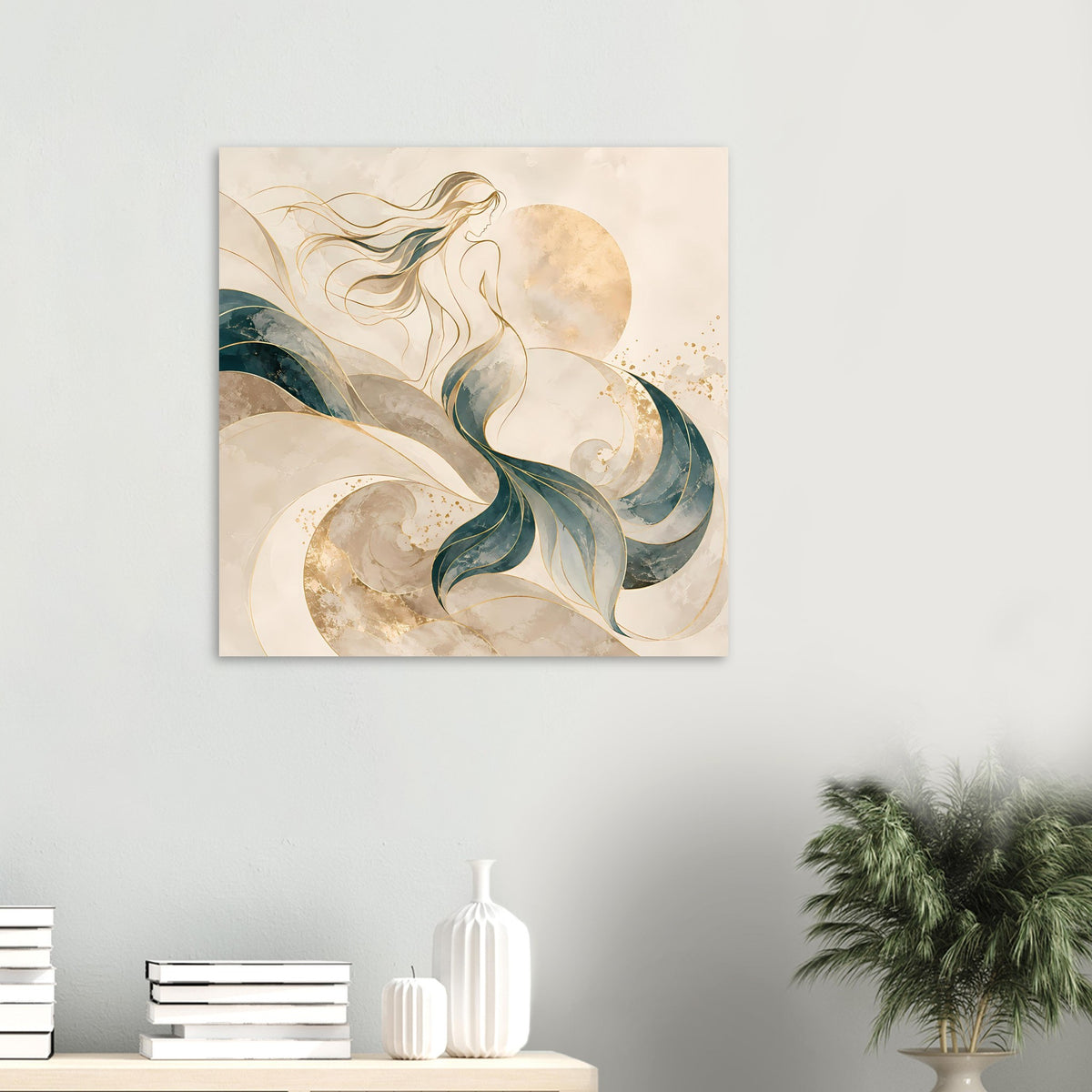 Fantasy-Kunstposter (hochkant) mit Meerjungfrau-Illustration, creme, türkisgrün und Goldfarben