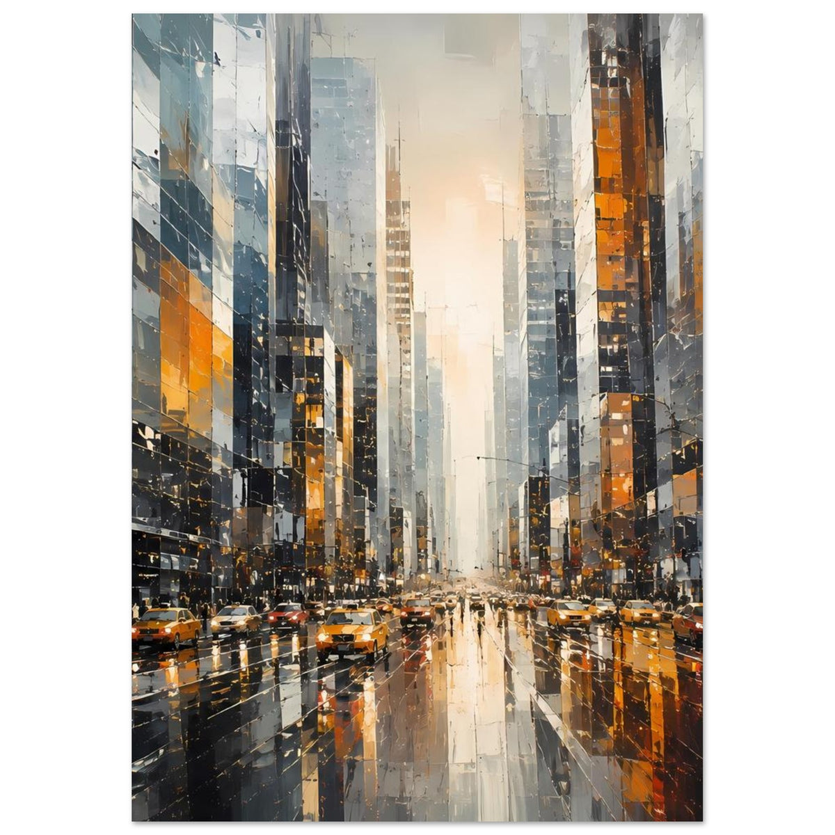 Stadtposter mit Hochhäusern und gelben Taxis auf nasser Straße, Lichtreflexe im Zentrum
