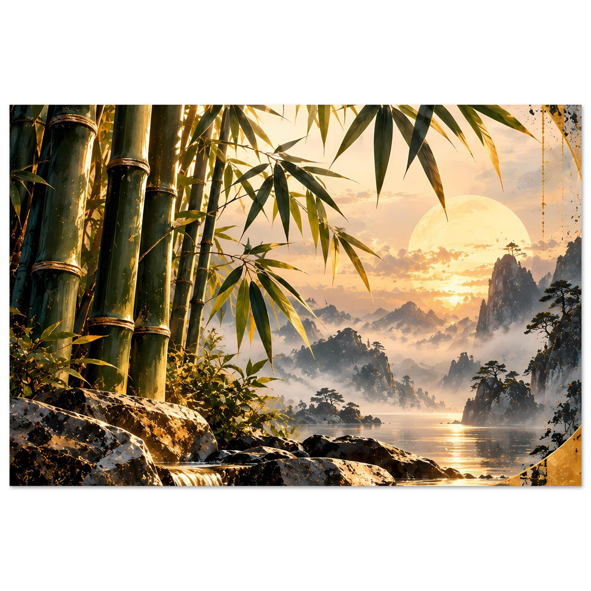 Zen-Bambus-Sonnenuntergangs-Poster: Bambus, Wasserfall und Berge mit goldenem Licht am Horizont