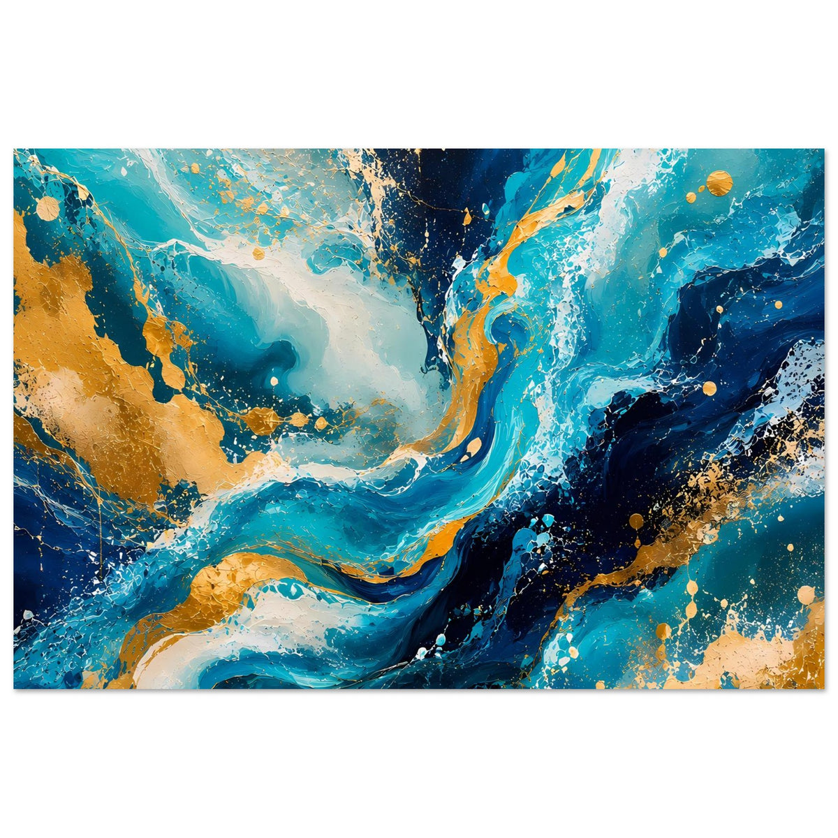 Abstraktes Kunstposter, breites Motiv: blaue Wirbel und goldene Punkte mit Spritztextur