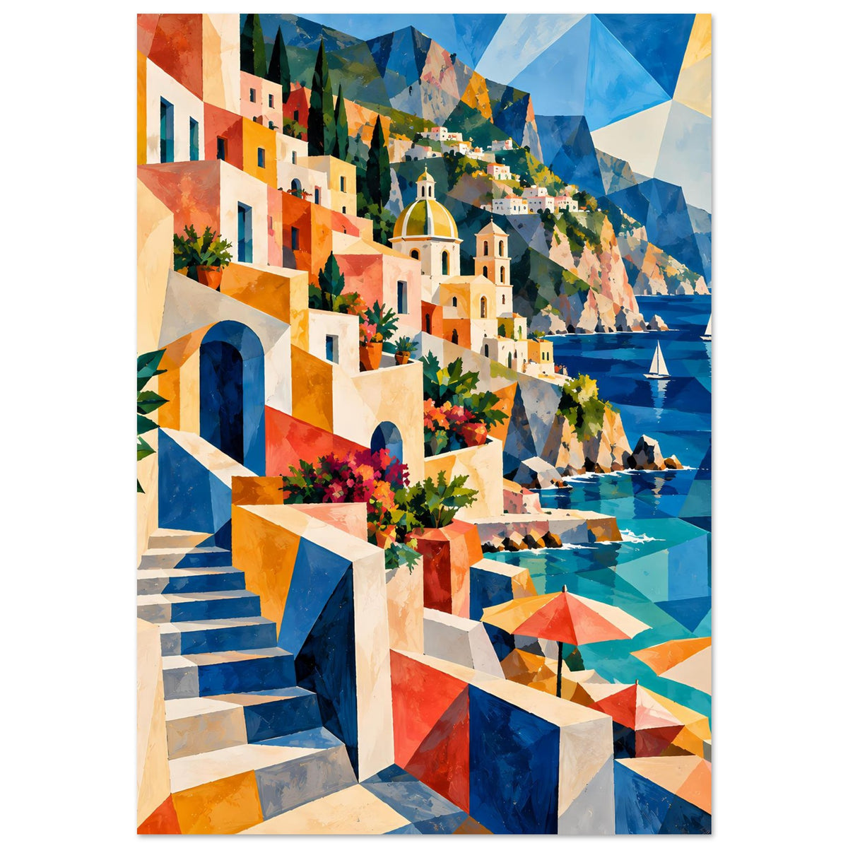 Mediterranes Küstenkunstposter mit Treppe, bunten Fassaden, Küste und Meer
