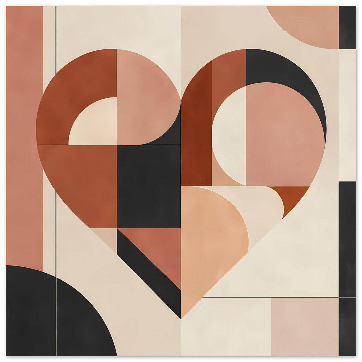 Poster: geometrisches Herz mit Terrakotta-Rosa-Feldern, schwarzen Halbkreisen und Linien