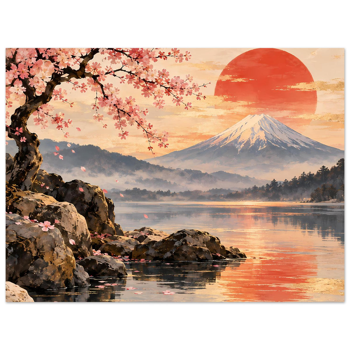 Poster im Querformat mit Kirschblütenzweig, Fuji, roter Sonne und spiegelndem Wasser