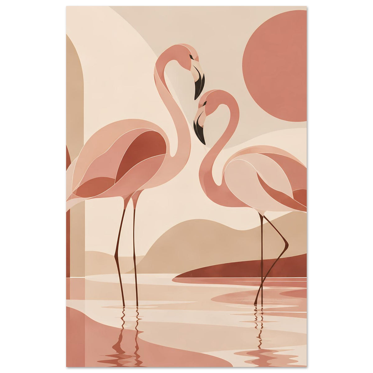 Boho-Naturposter im Hochformat: zwei Flamingos, große Kreisform und Wasserreflexion