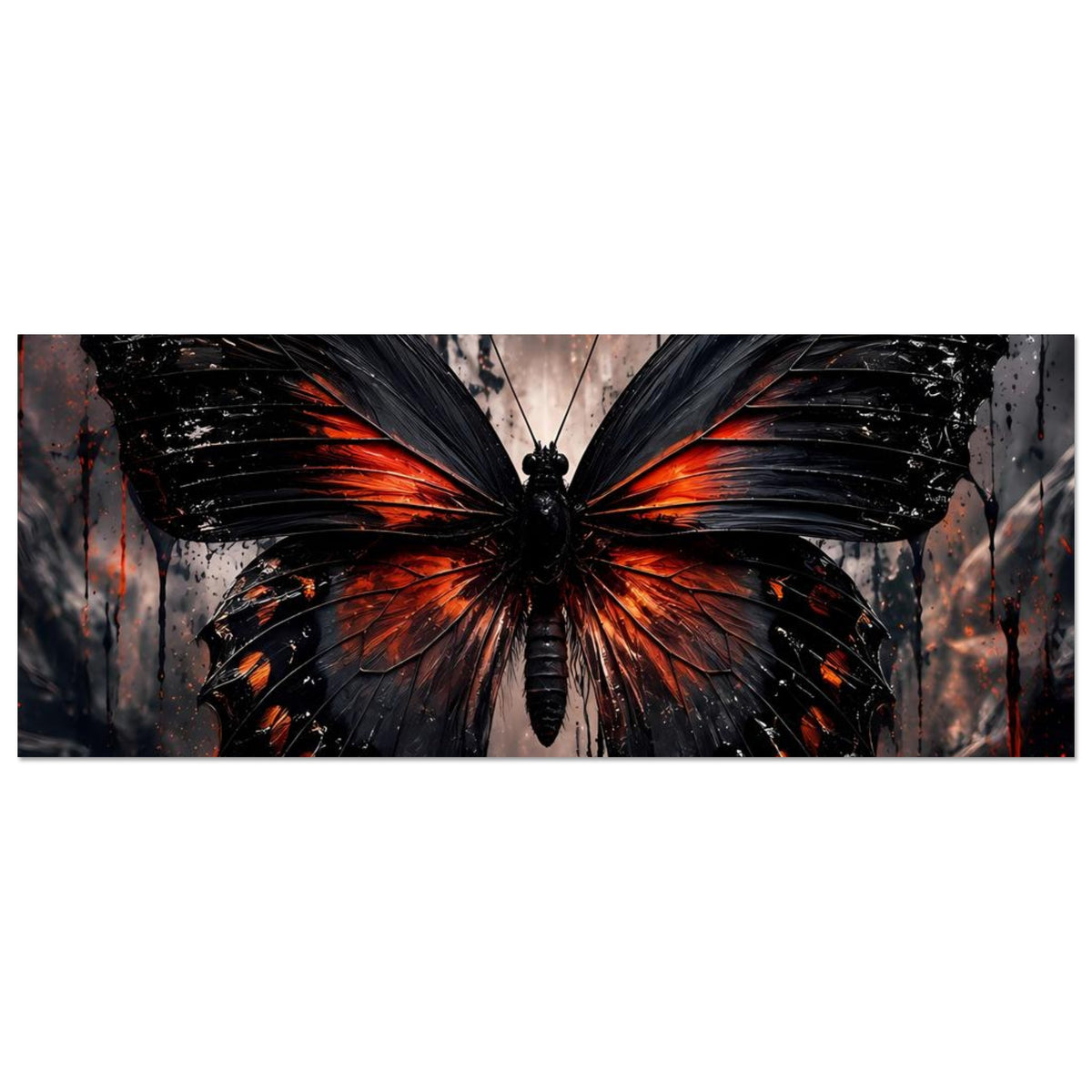 Horizontales Poster: schwarze Schmetterlingsflügel mit orange-roten Flammenakzenten, zarter Sprühnebel